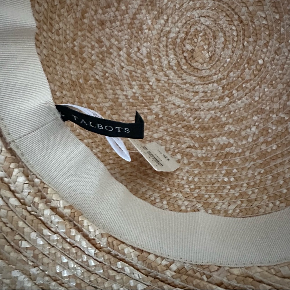 NWT Talbots Straw Brim Hat Blue White Gingham Ribbon Beach Spring Summer Sun - Picture 3 of 5